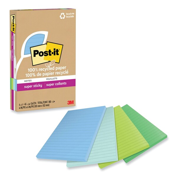 100% Recycled Paper Super Sticky Notes, Ruled, 4 x 6, Oasis, 45 Sheets/Pad, 4PK